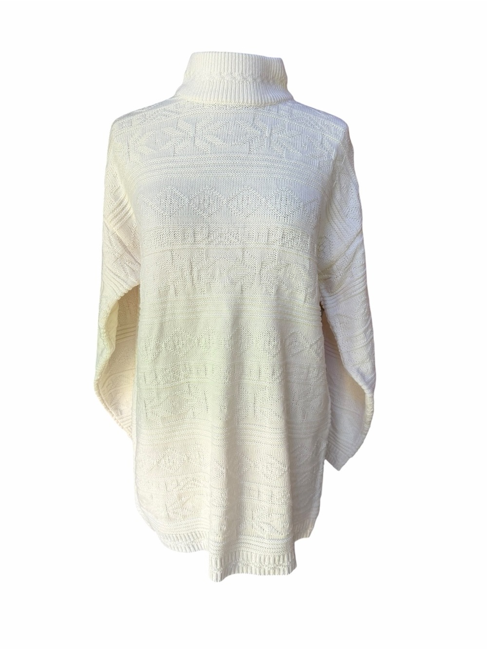 1990s Willow Bay 100% Acrylic Off White Geometric Tonal Knit Turtleneck Poncho S